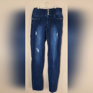 Jeaniologie High-rised Skinny Distressed Blue Jeans With 3 Button Closure Sz 10